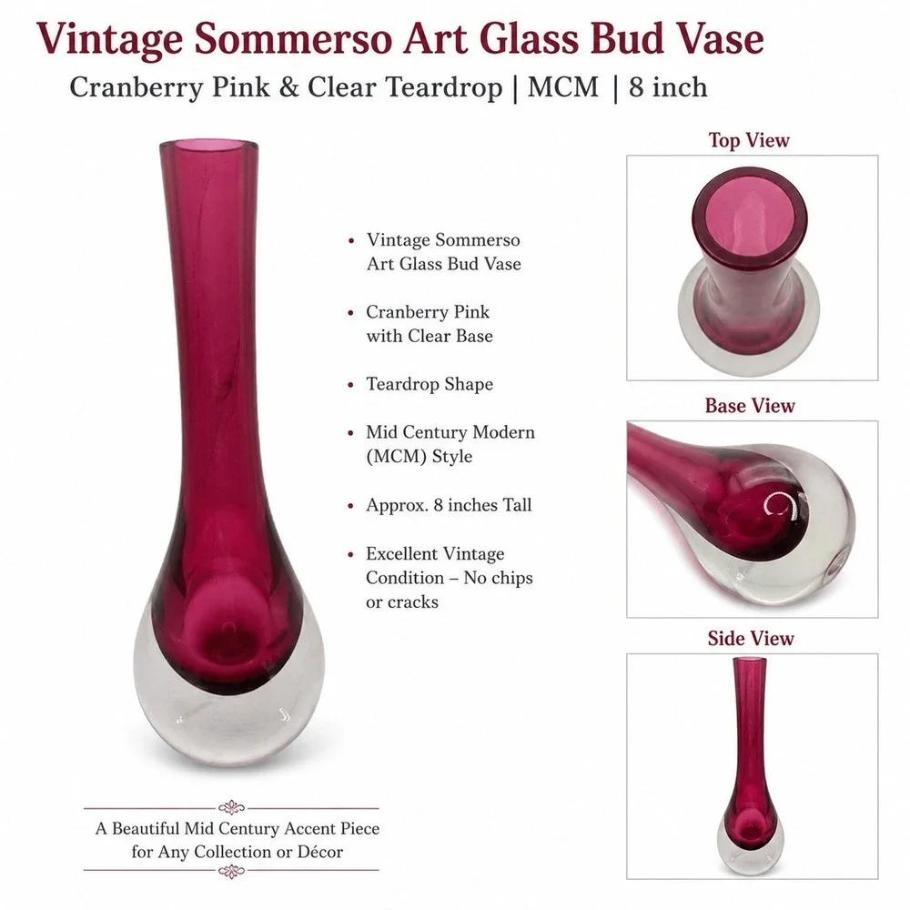 Vintage Sommerso Art Glass Bud Vase Cranberry Pink Clear Teardrop MCM 8 inch